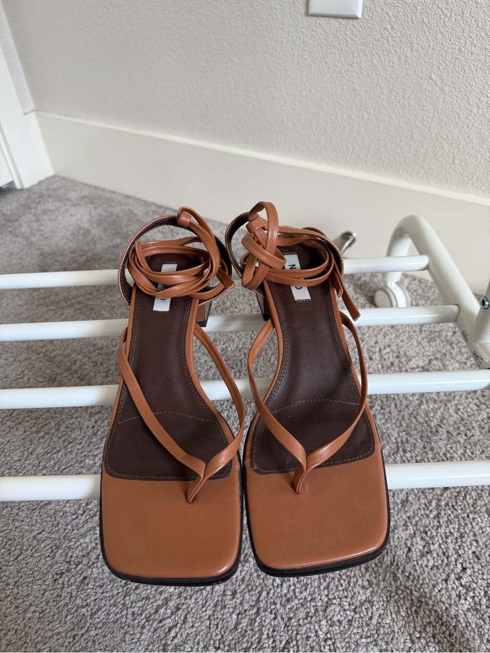 Womens Tan Strappy Square-Toe Lace-Up Sandals